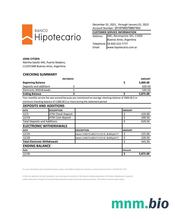 Argentyna Banco Credicoop szablon wyciągu bankowego w programie Word i PDF